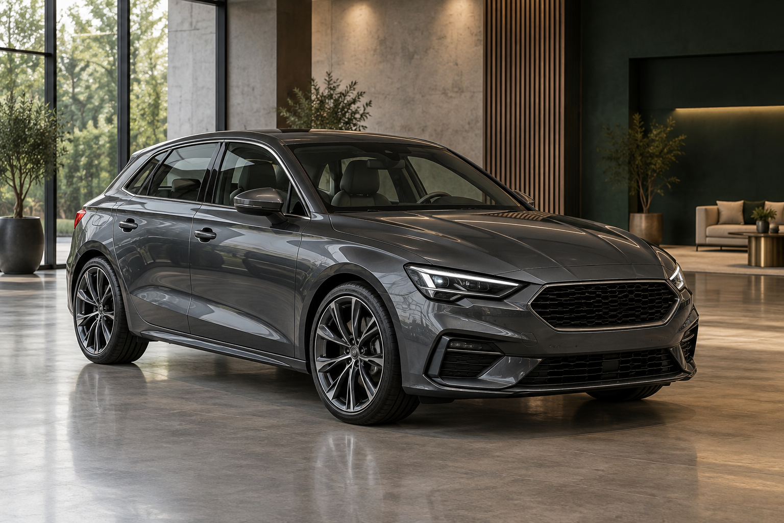 Donkergrijze demo-auto in een moderne showroom